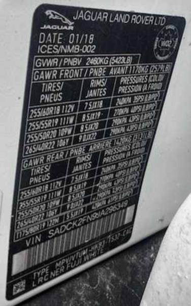 Aukcja sprzedaży 2018 Jaguar F-pace, vin: SADCK2FN9JA296349, numer aukcji: 48018216