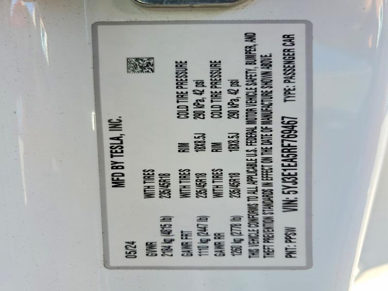 Продажа на аукционе авто 2024 Tesla Model 3, vin: 5YJ3E1EA5RF769467, номер лота: 79982935