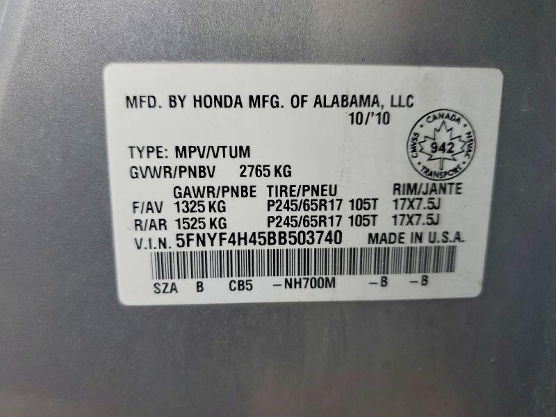 Aukcja sprzedaży 2011 Honda Pilot, vin: 5FNYF4H45BB503740, numer aukcji: 47517246