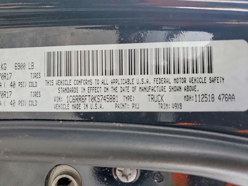Продажа на аукционе авто 2019 Ram 1500 Classic, vin: 1C6RR6FT0KS745881, номер лота: 53304556
