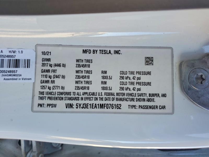 45492406 :رقم المزاد ، 5YJ3E1EA1MF076162 vin ، 2021 Tesla Model 3 مزاد بيع