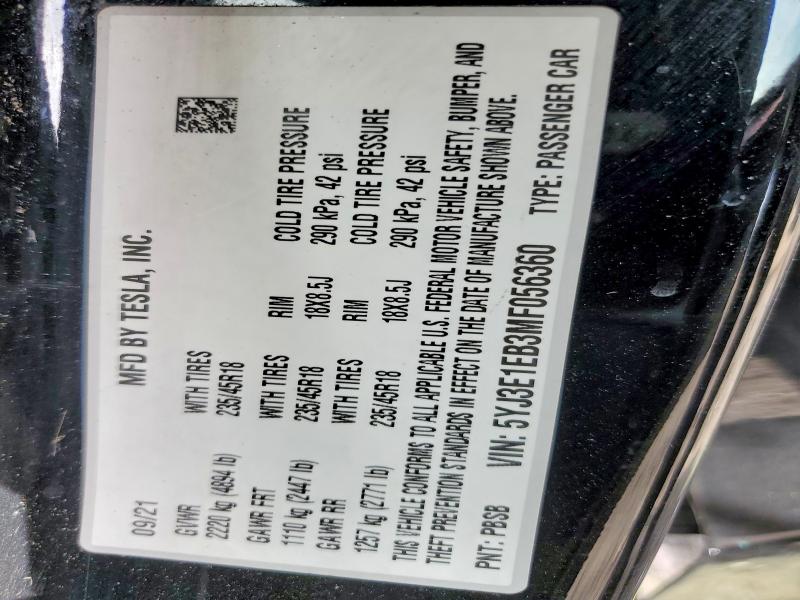 Продажа на аукционе авто 2021 Tesla Model 3, vin: 5YJ3E1EB3MF056360, номер лота: 46481786