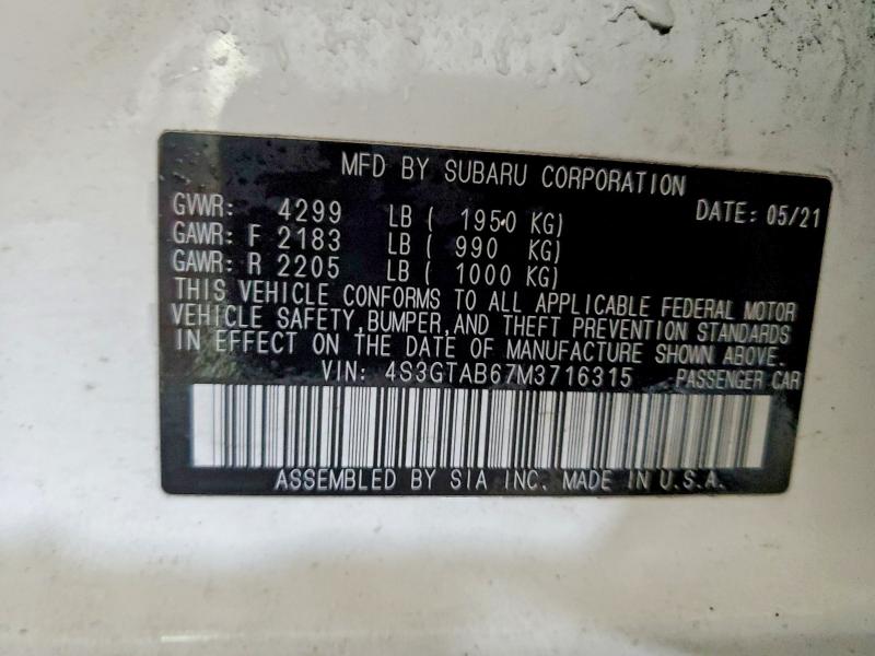 Auction sale of the 2021 Subaru Impreza, vin: 4S3GTAB67M3716315, lot number: 79998205