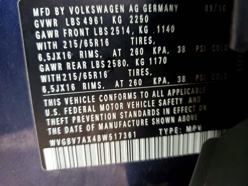 2011 Volkswagen Tiguan მანქანა იყიდება აუქციონზე, vin: WVGBV7AX4BW517361, აუქციონის ნომერი: 45540306
