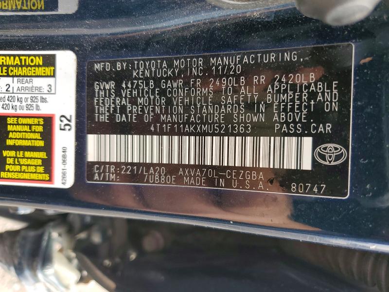 Aukcja sprzedaży 2021 Toyota Camry, vin: 4T1F11AKXMU521363, numer aukcji: 47023616