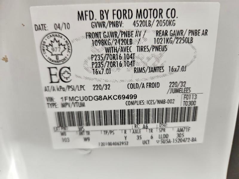 47299416 :رقم المزاد ، 1FMCU0DG8AKC69499 vin ، 2010 Ford Escape مزاد بيع