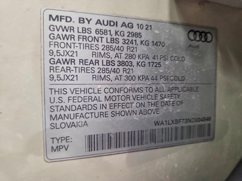 Aukcja sprzedaży 2022 Audi Q7, vin: WA1LXBF73ND004546, numer aukcji: 48226436