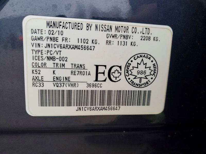 45918926 :رقم المزاد ، JN1CV6ARXAM456647 vin ، 2010 Infiniti G37x مزاد بيع