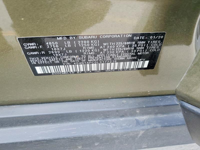 47993726 :رقم المزاد ، 4S4BTAPC0L3177216 vin ، 2020 Subaru Outback مزاد بيع