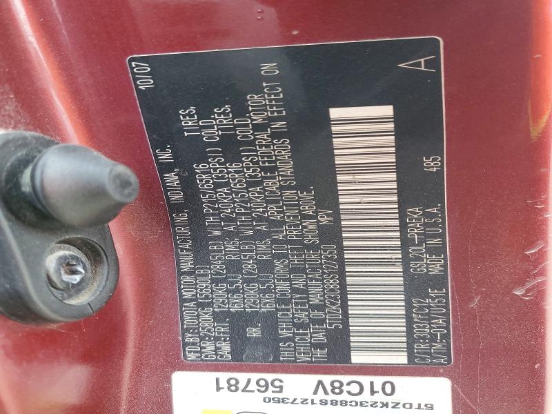 2008 Toyota Sienna მანქანა იყიდება აუქციონზე, vin: 5TDZK23C88S127350, აუქციონის ნომერი: 46495816