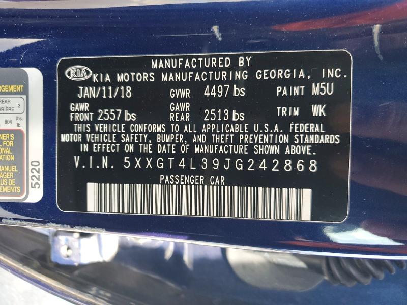 Продажа на аукционе авто 2018 Kia Optima, vin: 5XXGT4L39JG242868, номер лота: 47131116