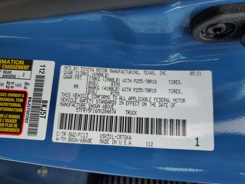 46062816 :رقم المزاد ، 5TFRY5F16MX284874 vin ، 2021 Toyota Tundra مزاد بيع