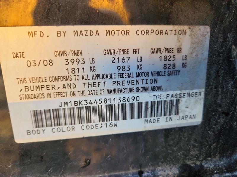 2008 Mazda 3 მანქანა იყიდება აუქციონზე, vin: JM1BK344581138690, აუქციონის ნომერი: 47824386
