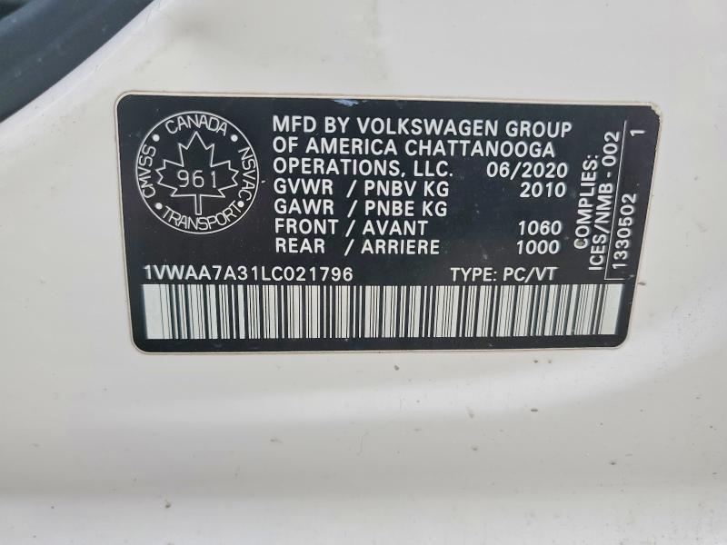 Aukcja sprzedaży 2020 Volkswagen Passat, vin: 1VWAA7A31LC021796, numer aukcji: 79806615