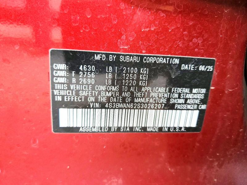 46584226 :رقم المزاد ، 4S3BWAN62S3026207 vin ، 2025 Subaru Legacy مزاد بيع