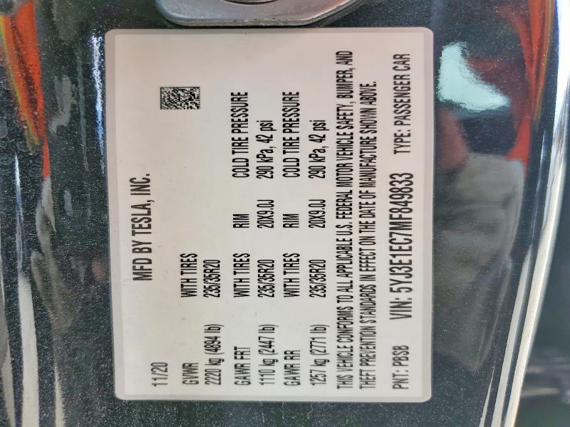 41833366 :رقم المزاد ، 5YJ3E1EC7MF849833 vin ، 2021 Tesla Model 3 مزاد بيع