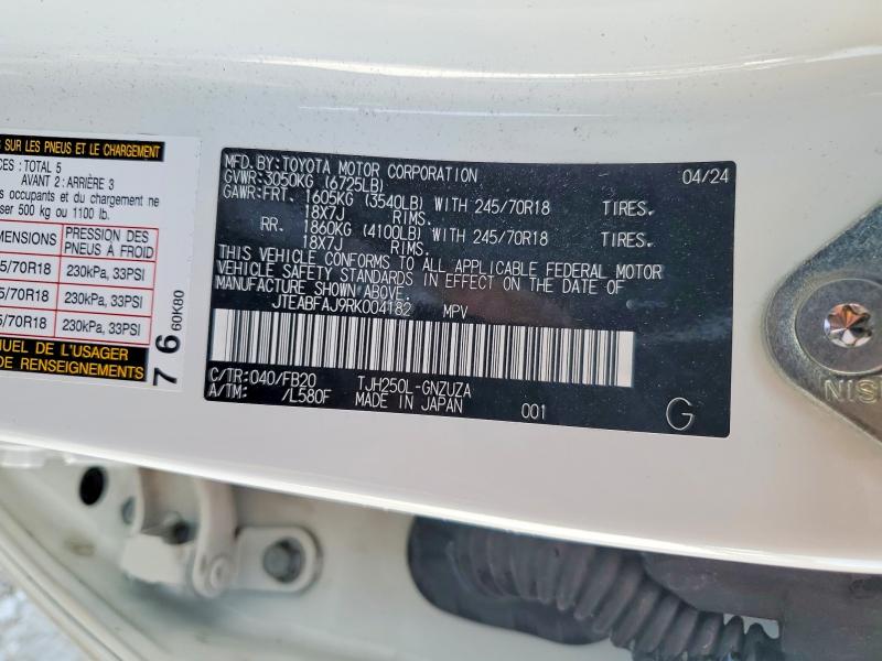 2024 Toyota Land Cruiser მანქანა იყიდება აუქციონზე, vin: JTEABFAJ9RK004182, აუქციონის ნომერი: 46038136