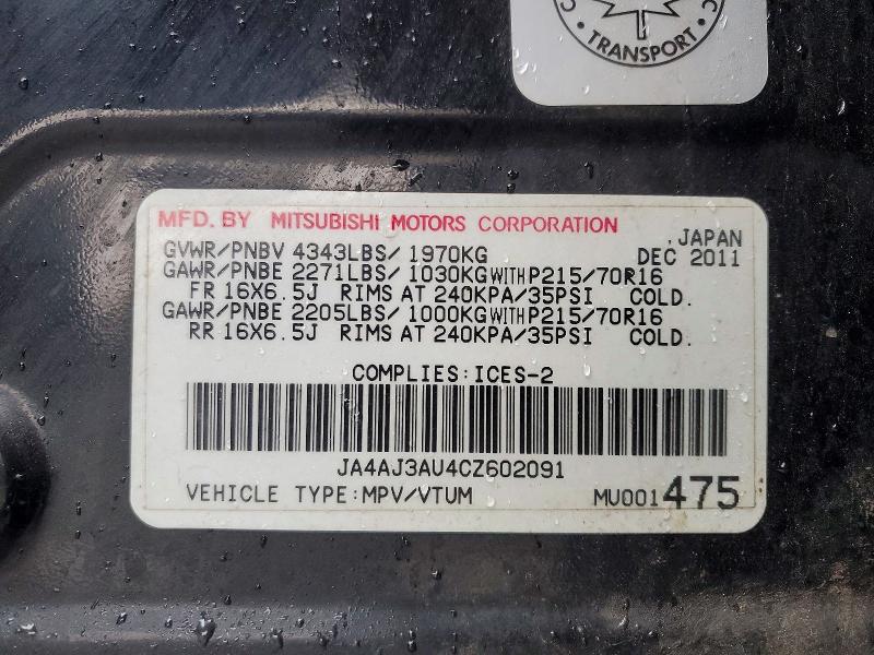 47261276 :رقم المزاد ، JA4AJ3AU4CZ602091 vin ، 2012 Mitsubishi Rvr مزاد بيع