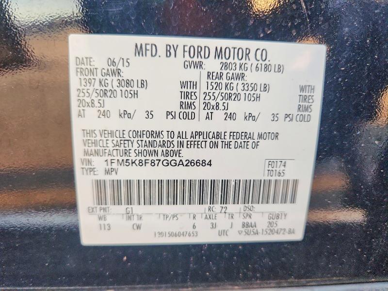 2016 Ford Explorer მანქანა იყიდება აუქციონზე, vin: 1FM5K8F87GGA26684, აუქციონის ნომერი: 76415885