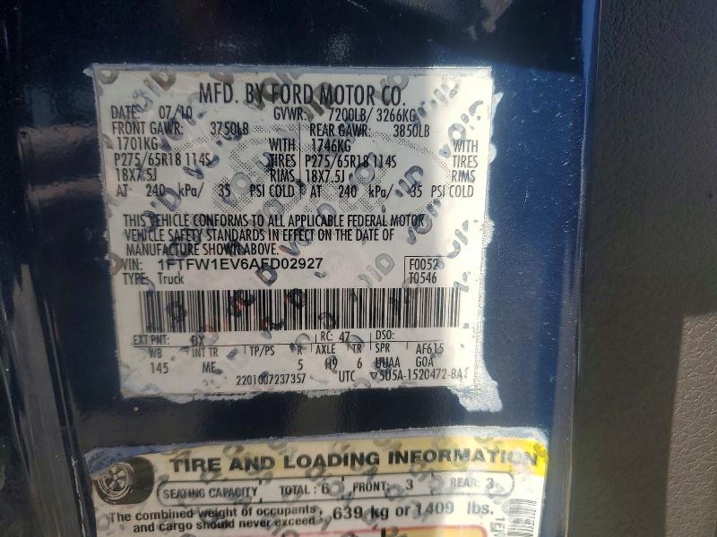 47388486 :رقم المزاد ، 1FTFW1EV6AFD02927 vin ، 2010 Ford F150 مزاد بيع