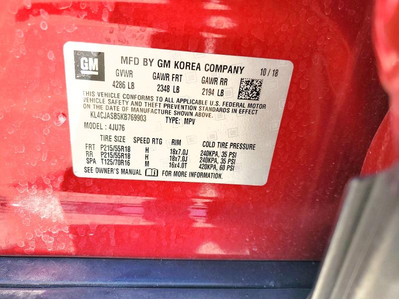 2019 Buick Encore მანქანა იყიდება აუქციონზე, vin: KL4CJASB5KB769903, აუქციონის ნომერი: 46868046