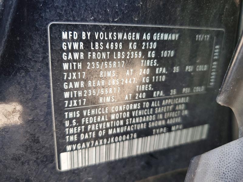 2018 Volkswagen Tiguan Limited მანქანა იყიდება აუქციონზე, vin: WVGAV7AX9JK000476, აუქციონის ნომერი: 45915026
