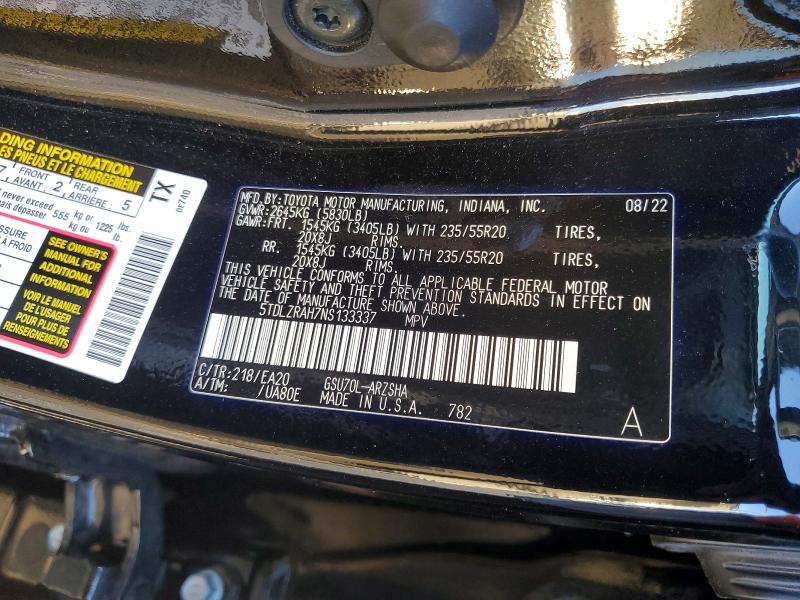 Продажа на аукционе авто 2022 Toyota Highlander, vin: 5TDLZRAH7NS133337, номер лота: 47130616