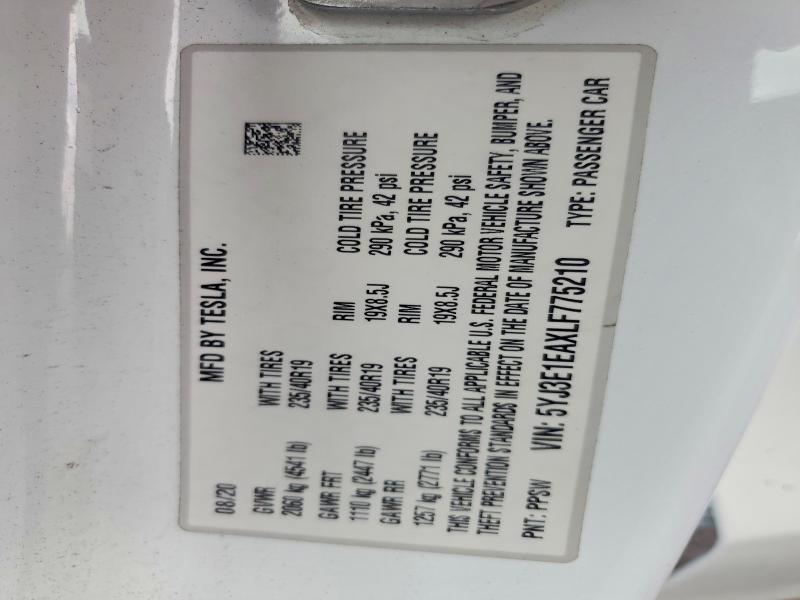 48082866 :رقم المزاد ، 5YJ3E1EAXLF775210 vin ، 2020 Tesla Model 3 مزاد بيع