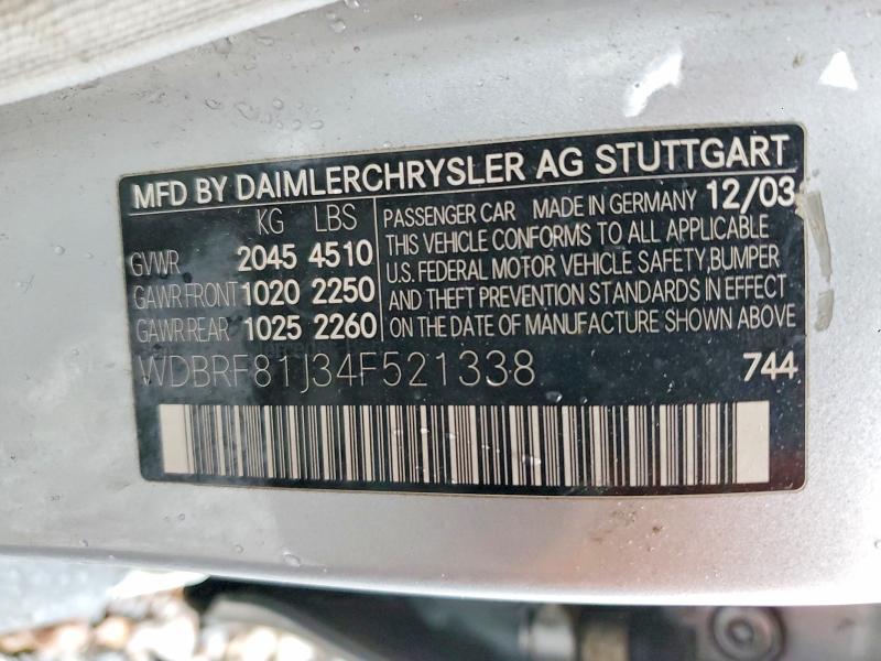 79362615 :رقم المزاد ، WDBRF81J34F521338 vin ، 2004 Mercedes-benz C مزاد بيع