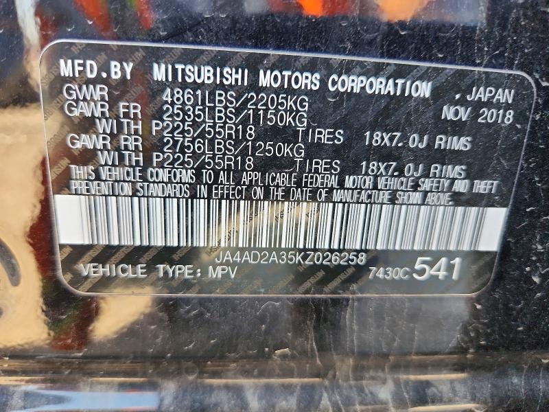 Продаж на аукціоні авто 2019 Mitsubishi Outlander, vin: JA4AD2A35KZ026258, номер лоту: 47921446