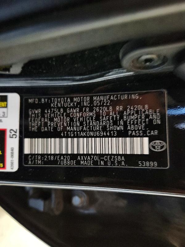 Продаж на аукціоні авто 2022 Toyota Camry, vin: 4T1G11AK0NU694413, номер лоту: 45806766