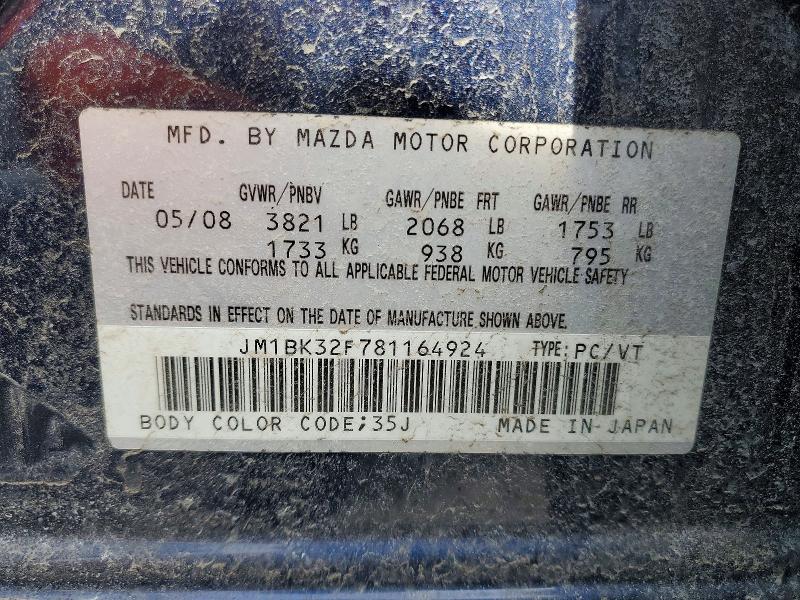 79530415 :رقم المزاد ، JM1BK32F781164924 vin ، 2008 Mazda 3 مزاد بيع