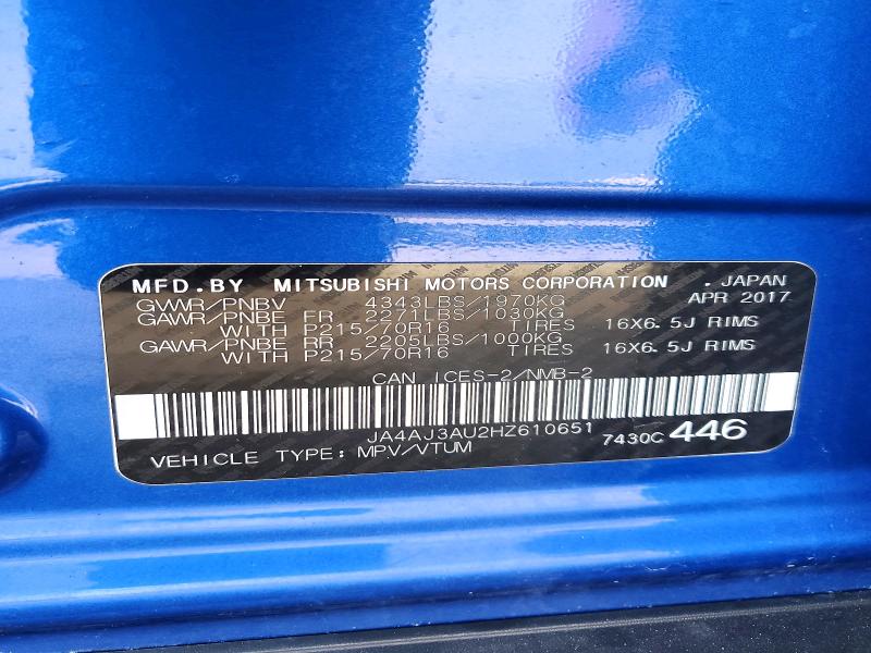 Aukcja sprzedaży 2017 Mitsubishi Rvr, vin: JA4AJ3AU2HZ610651, numer aukcji: 78841275