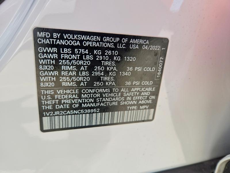 Aukcja sprzedaży 2022 Volkswagen Atlas, vin: 1V2JR2CA5NC538952, numer aukcji: 46127686