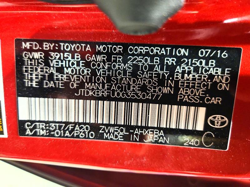 Aukcja sprzedaży 2016 Toyota Prius, vin: JTDKBRFU0G3530477, numer aukcji: 47346326