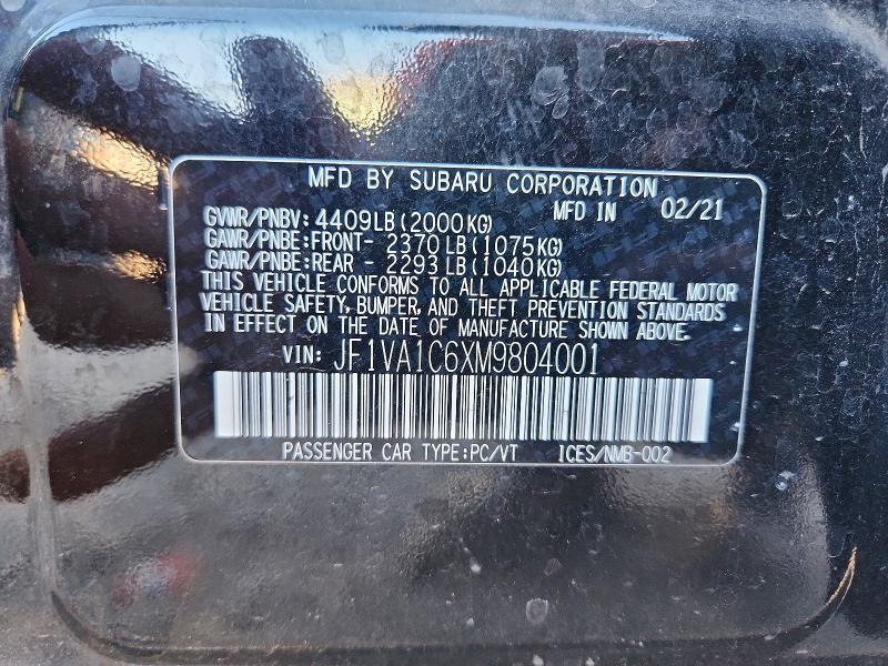 2021 Subaru Wrx მანქანა იყიდება აუქციონზე, vin: JF1VA1C6XM9804001, აუქციონის ნომერი: 45889536