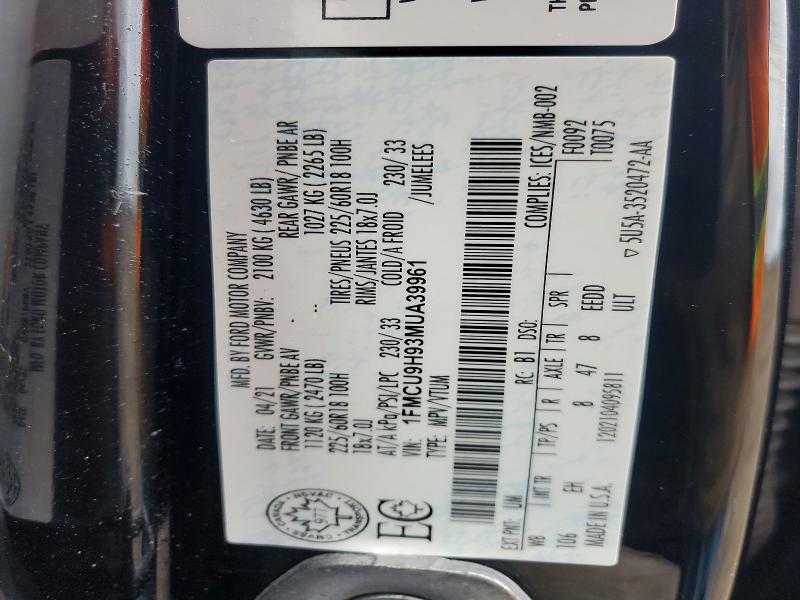2021 Ford Escape მანქანა იყიდება აუქციონზე, vin: 1FMCU9H93MUA39961, აუქციონის ნომერი: 46321326