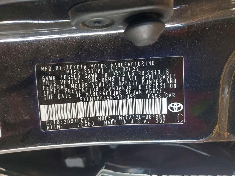 47264736 :رقم المزاد ، 5YFM4MCE5NP113055 vin ، 2022 Toyota Corolla مزاد بيع