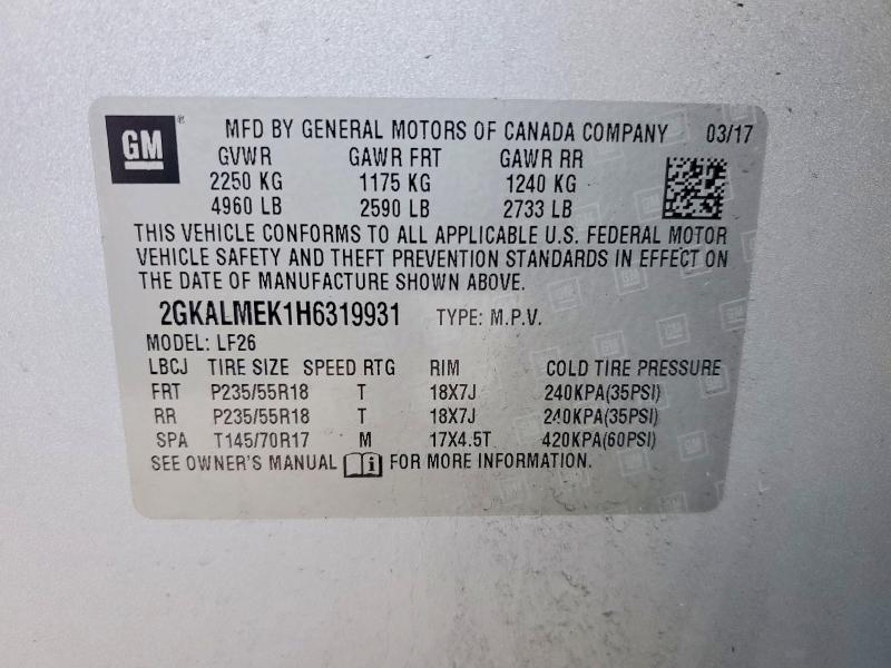 Aukcja sprzedaży 2017 Gmc Terrain, vin: 2GKALMEK1H6319931, numer aukcji: 46730546