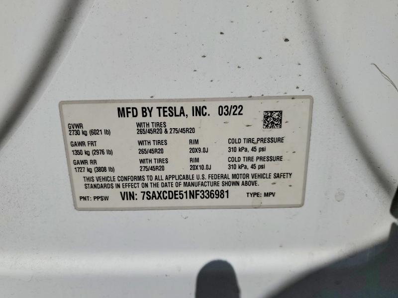 45513086 :رقم المزاد ، 7SAXCDE51NF336981 vin ، 2022 Tesla Model X مزاد بيع