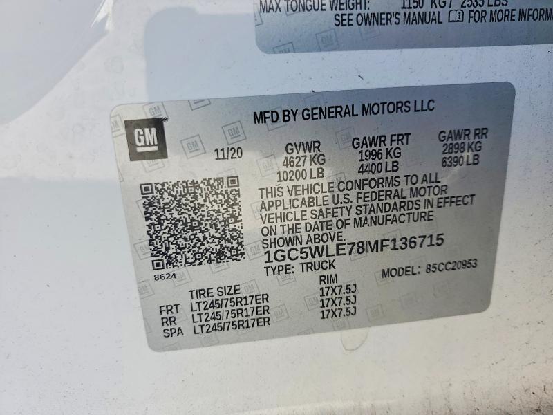 2021 Chevrolet Silverado მანქანა იყიდება აუქციონზე, vin: 1GC5WLE78MF136715, აუქციონის ნომერი: 45639426