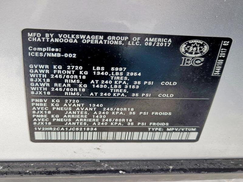 45744666 :رقم المزاد ، 1V2HR2CA1JC521834 vin ، 2018 Volkswagen Atlas مزاد بيع