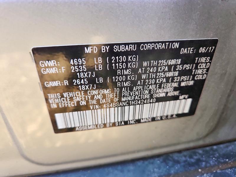 Aukcja sprzedaży 2017 Subaru Outback, vin: 4S4BSANC1H3424840, numer aukcji: 45462936