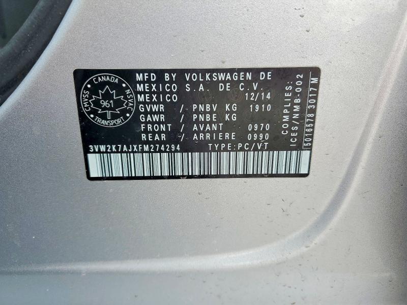 Aukcja sprzedaży 2015 Volkswagen Jetta, vin: 3VW2K7AJXFM274294, numer aukcji: 76285475