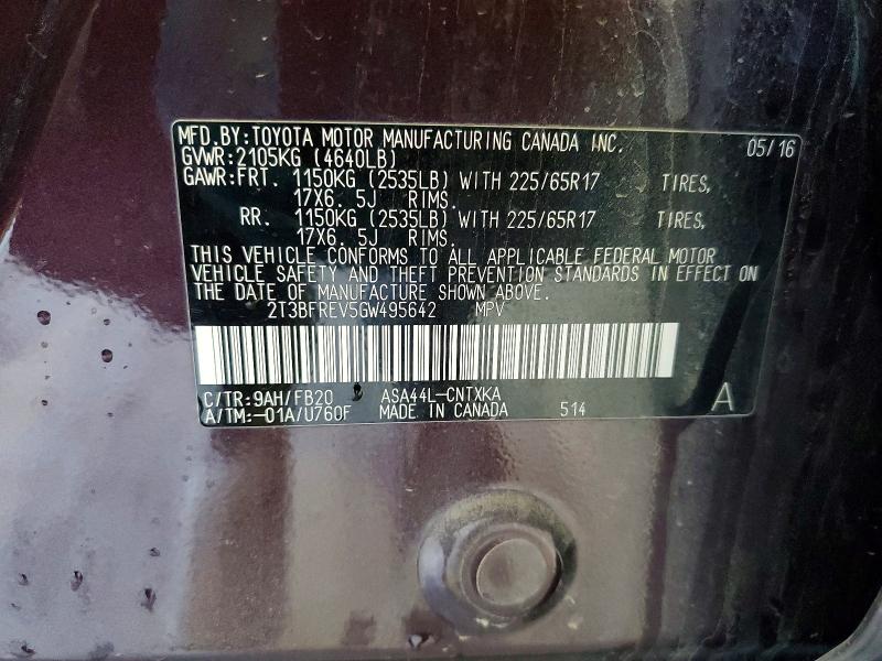 46972106 :رقم المزاد ، 2T3BFREV5GW495642 vin ، 2016 Toyota Rav4 مزاد بيع