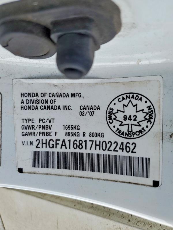 Aukcja sprzedaży 2007 Honda Civic, vin: 2HGFA16817H022462, numer aukcji: 47597166