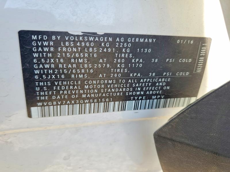 47463276 :رقم المزاد ، WVGBV7AX3GW581561 vin ، 2016 Volkswagen Tiguan مزاد بيع
