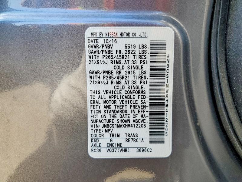 47900636 :رقم المزاد ، JN8CS1MWXHM412205 vin ، 2017 Infiniti Qx70 مزاد بيع