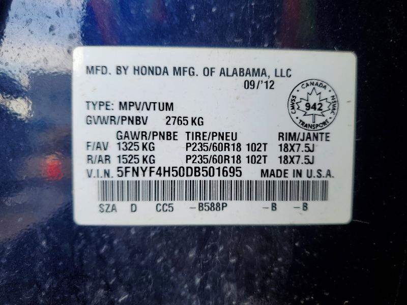 2013 Honda Pilot მანქანა იყიდება აუქციონზე, vin: 5FNYF4H50DB501695, აუქციონის ნომერი: 79839415