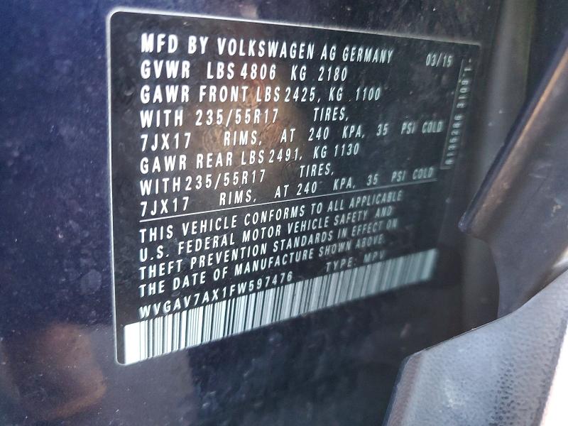 Продаж на аукціоні авто 2015 Volkswagen Tiguan, vin: WVGAV7AX1FW597476, номер лоту: 41607746